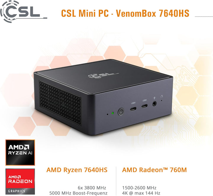 Mini PC CSL VenomBox 7640HS Windows 11 Pro, AMD Ryzen 5 7640HS 6X 4300 MHz, 2000 GB M.2 SSD, 96 GB D