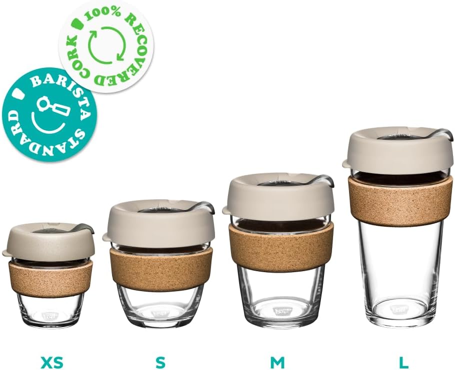 KeepCup Brew Cork, Mehrweg-Glasbecher, spritzwassergeschütz, Small 8oz 227mls, Schwarz 1 Stück Schwa