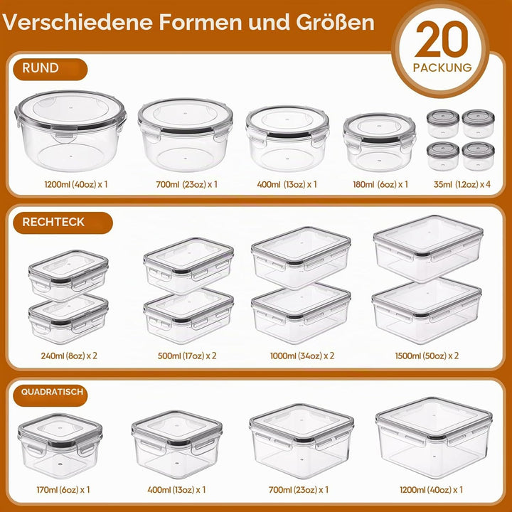 Frischhaltedosen mit Deckel, 40 Teile Vorratsdosen Set (20 Behälter & 20 Deckel),Meal Prep Boxen, Au