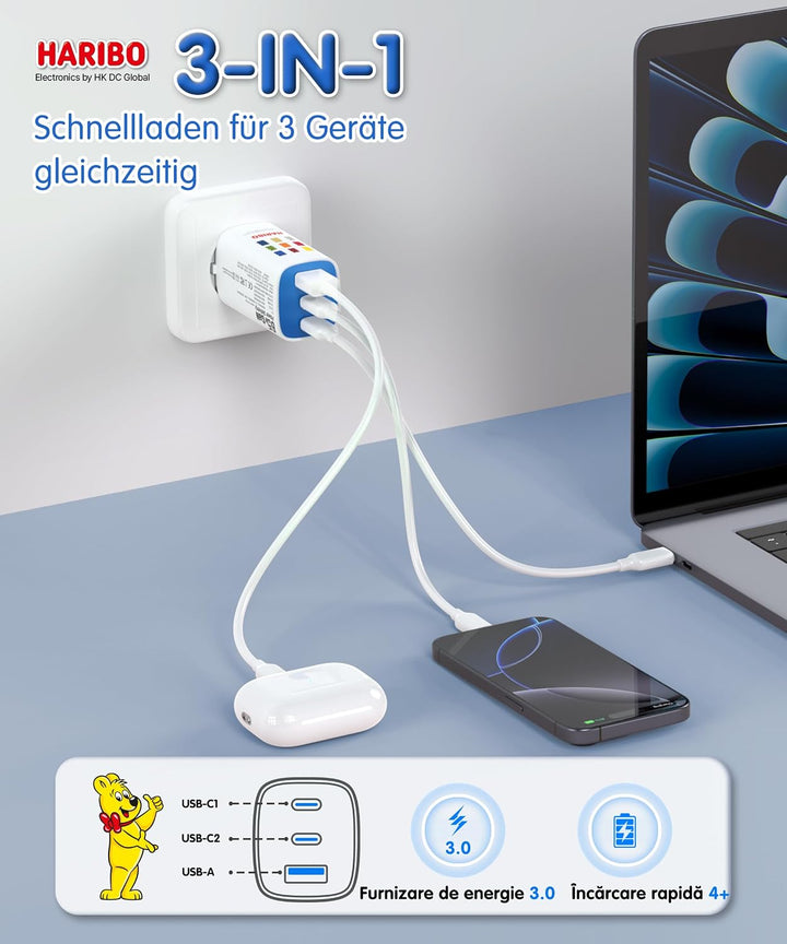 HARIBO USB C Ladegerät 65W 3-Port USB-C Netzteil Schnellladegerät PD PPS kompatibel mit MacBook, für