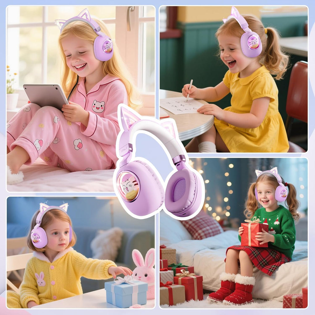 Kinder Kopfhörer mit Katzenohren, Bluetooth 5.4 Over-Ear Noise Cancelling Kopfhörer mit Mikrofon, LE