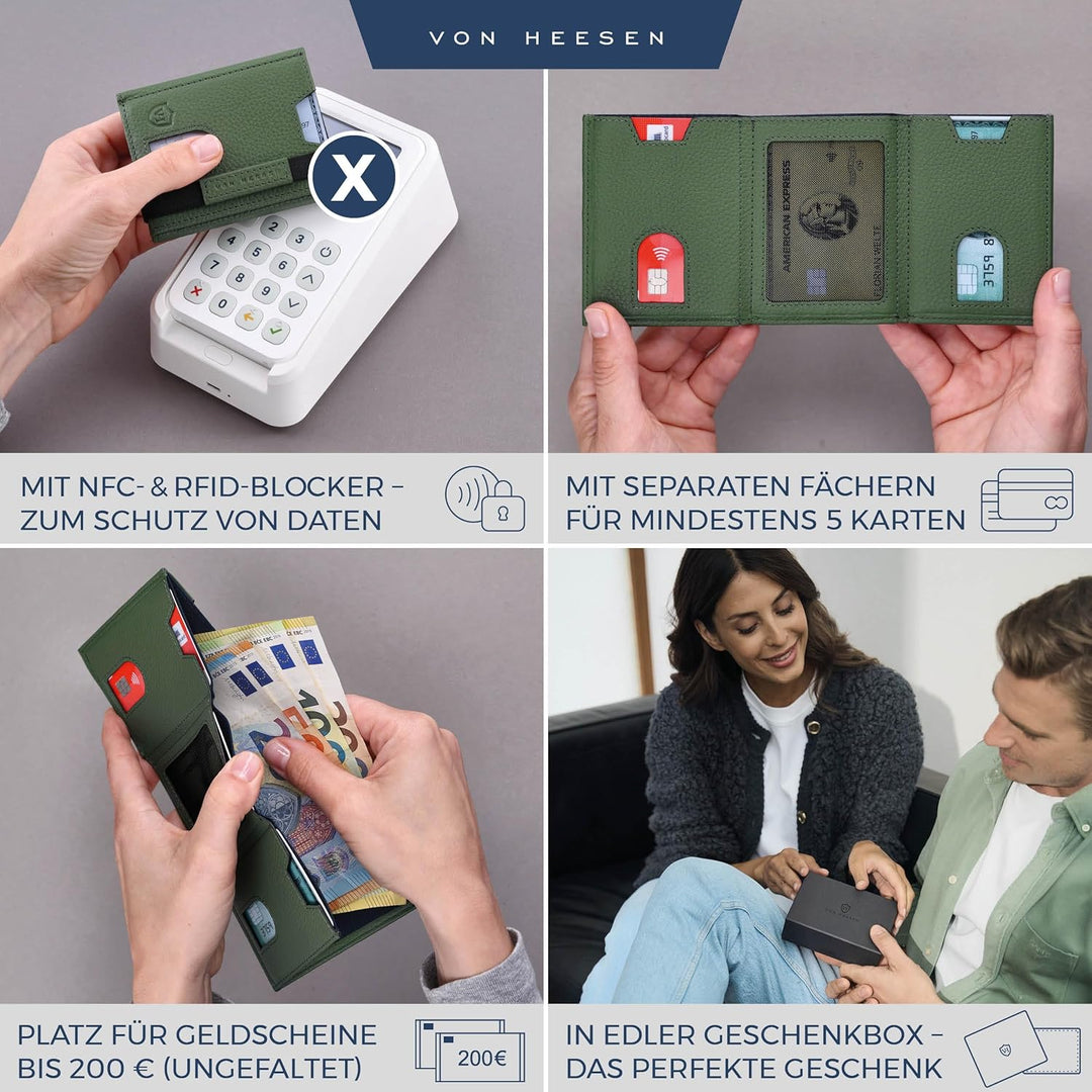 VON HEESEN Slim Wallet mit XL Münzfach & RFID-Schutz - Leder Geldbeutel - Mini Geldbörse für Herren