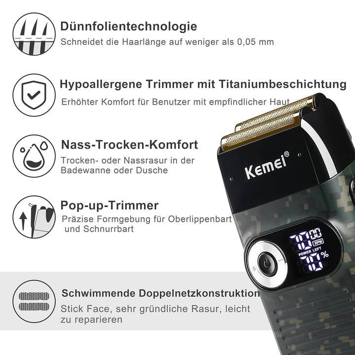 KEMEI Folienrasierer für Männer Elektrischer Rasierer mit Kahlrasur Schnurlose Elektrorasierer mit L