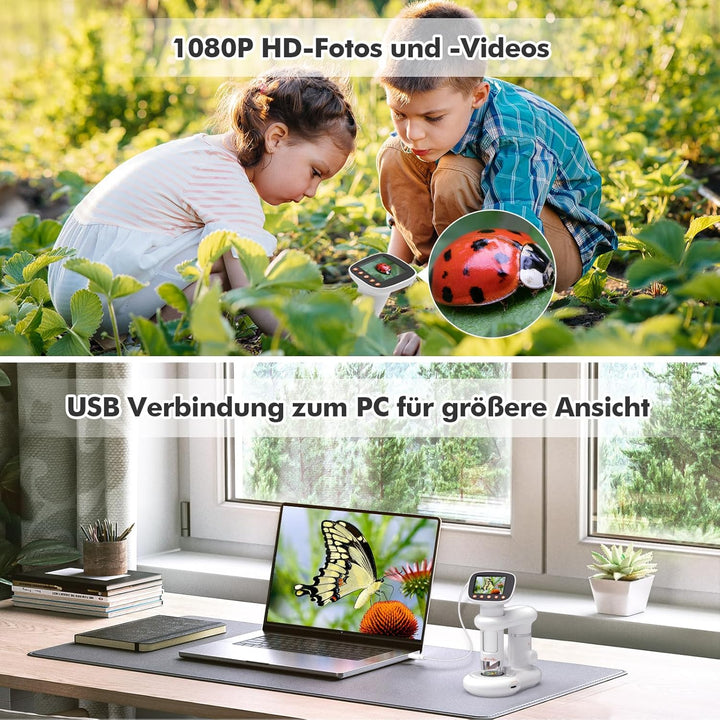 Mikroskop für Kinder 1000x Zoom Microscope 2" LCD Bildschirm Digitalmikroskop Tragbar Kindermikrosko