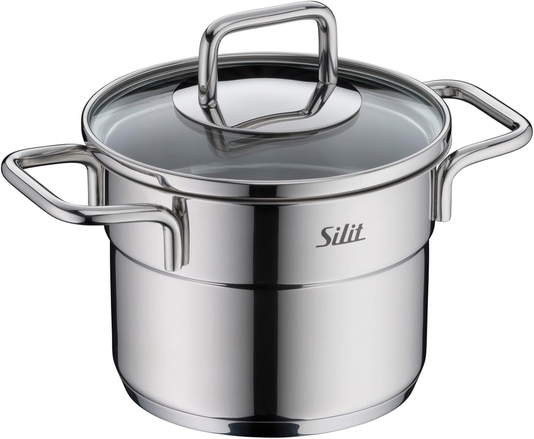 Silit Extra Cook Kochgeschirr-Set 4-teilig, Kochtöpfe 12/14 cm mit Glasdeckel, Innenskalierung, brei