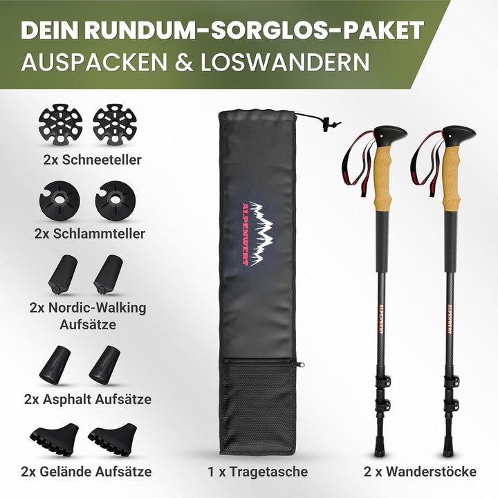 ALPENWERT Wanderstöcke [Carbon oder Aluminium] Walking Stöcke für Damen und Herren - Teleskop Trekki