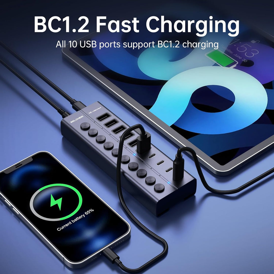 USB Hub mit Netzteil, 10-Port USB 3.2 Gen 2 10Gbit/s Aktiv Hub, Vollaluminium mit 60W (12V 5A) Power