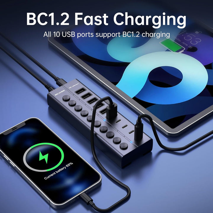 USB Hub mit Netzteil, 10-Port USB 3.2 Gen 2 10Gbit/s Aktiv Hub, Vollaluminium mit 60W (12V 5A) Power