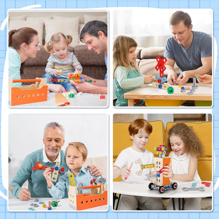 XIAPIA Werkzeugkoffer Kinder 124 Stück Deluxe-Anzug, Montessori Spielzeug ab 3 4 5 Jahre Werkbank au