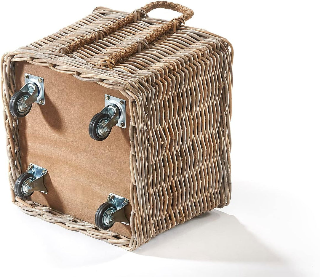 Kobolo Kaminholzwagen mit Rollen Holzkorb für Kaminholz -Rattan- mit Innenfutter aus Jute