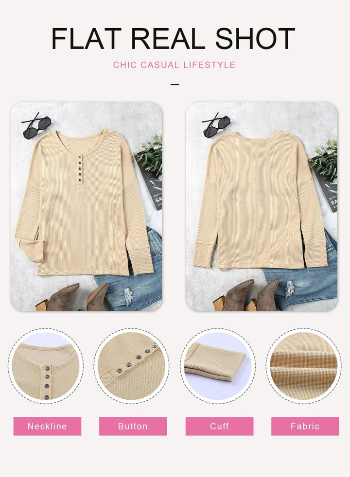 Dokotoo Damen Langarmshirt Basic Knopfleiste Pullover Casual Einfarbig Langarm Oberteil Shirt Bluse