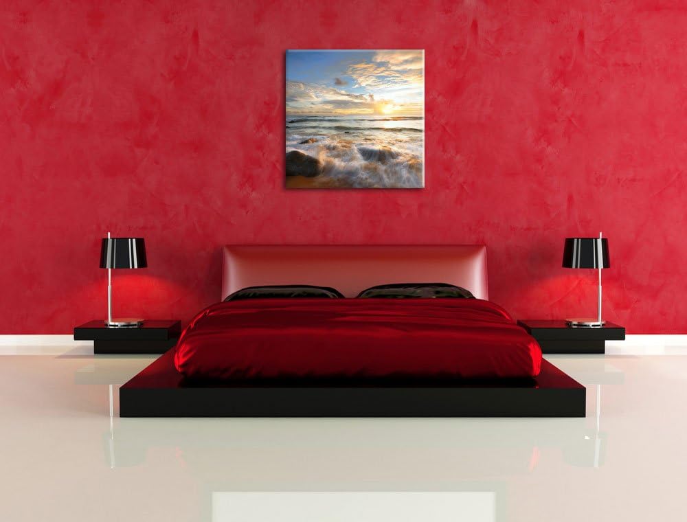 Sonnenuntergang am Meer, Format: 70x70 auf Leinwand, XXL riesige Bilder fertig gerahmt mit Keilrahme