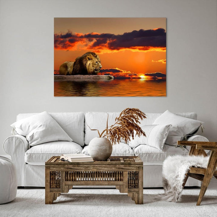 ARTTOR Bilder auf Leinwand 100x70cm Leinwandbild Löwe Sonne Landschaft Gross Wanddeko Bild Schlafzim
