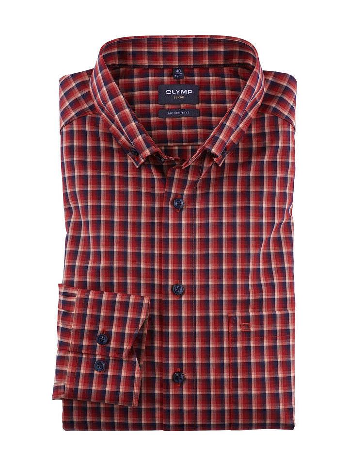 OLYMP Herren Businesshemd Langarm Luxor,Kariert,modern fit,Button-Down-Kragen 40 Rot 35, 40 Rot 35