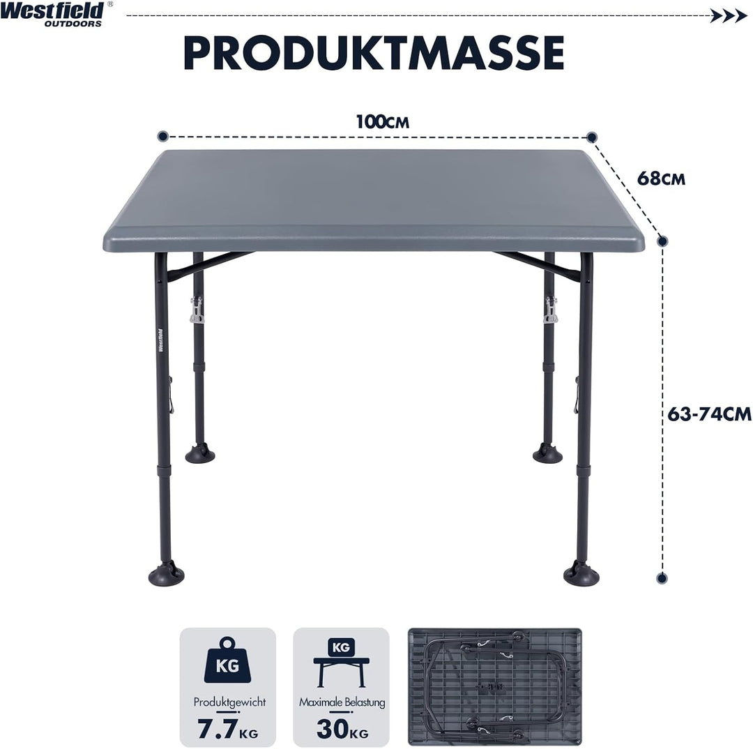 Westfield Outdoors Resino, Campingtisch klappbar Höhenverstellbar Klapptisch 100x68cm für 4-6 Person