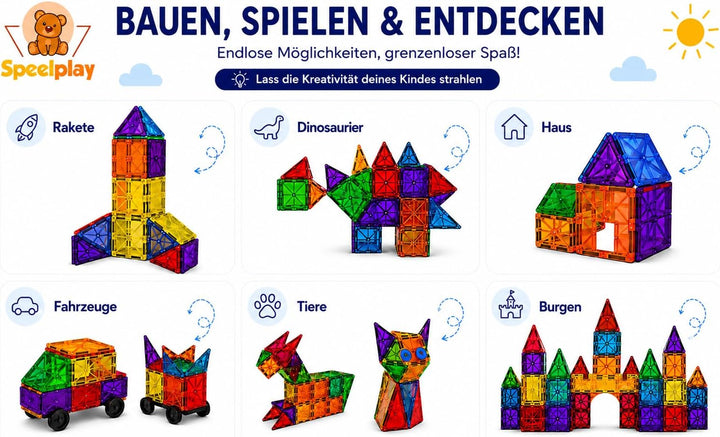 Magnetbausteine 120 PCS Set mit 2 Autos &amp; 4 XL-Basisplatten – STEM-Bauspielzeug für Kinder ab 3 Jahr