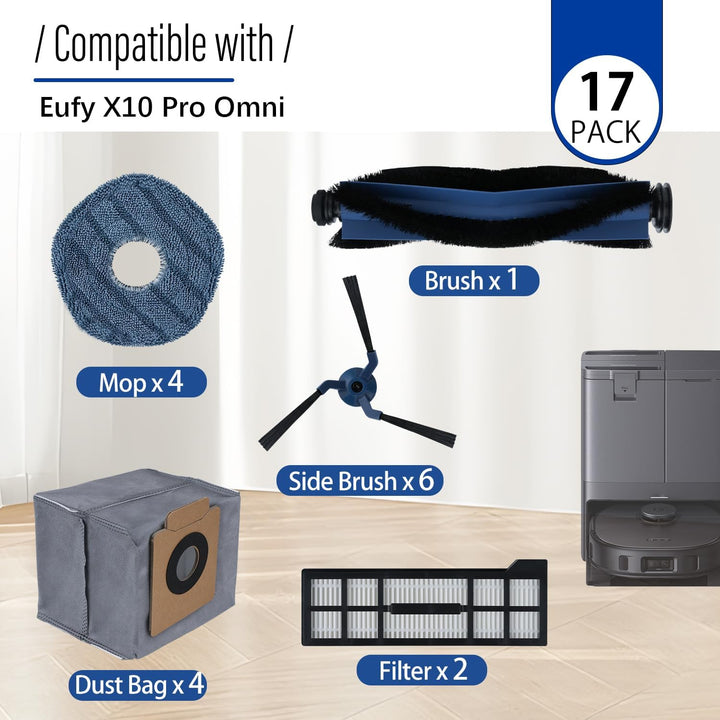 X10 Pro Zubehörset für eufy X10 Pro Omni Saugroboter,1 Rollbürste mit Borsten und Gummi, 6 Seitenbür