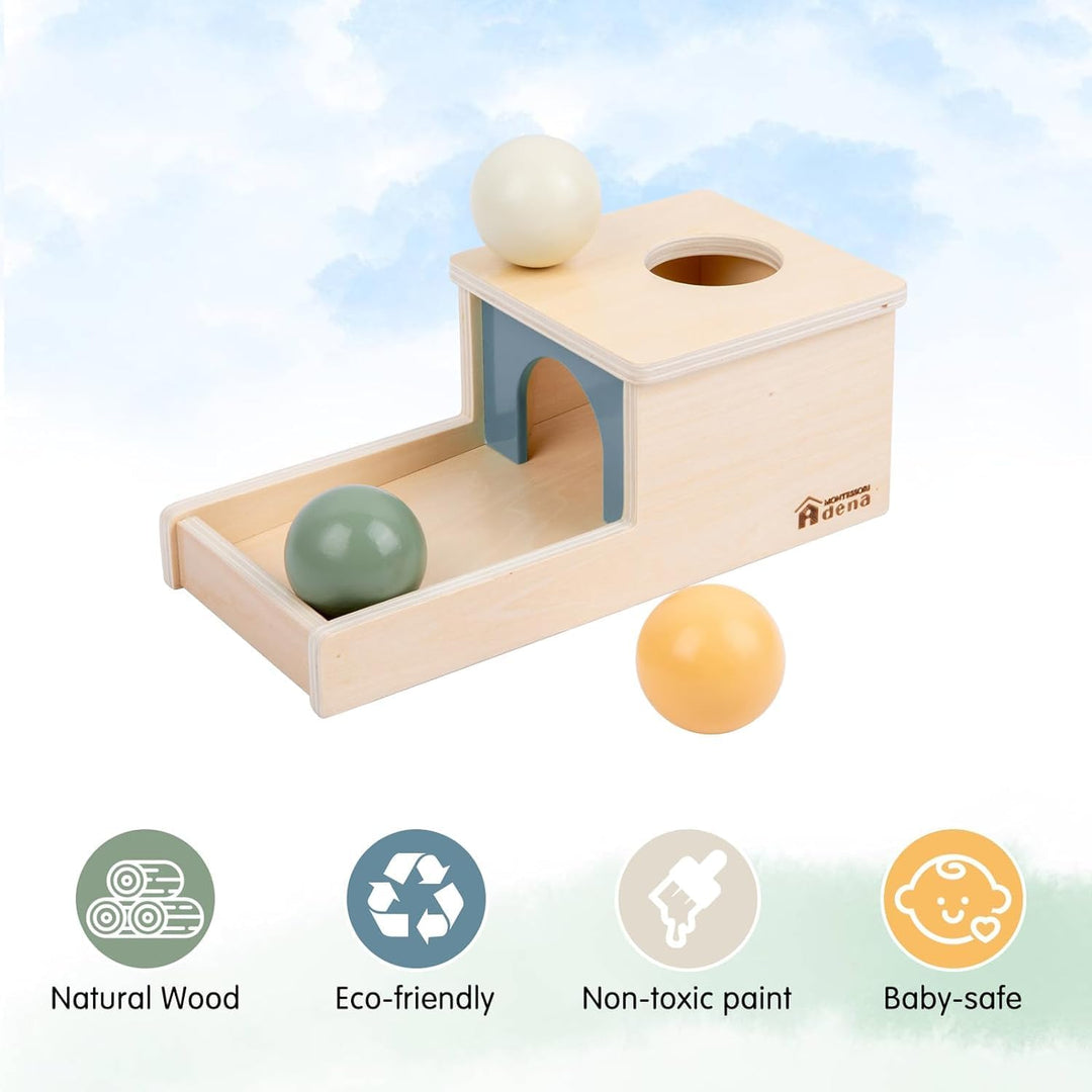 Adena Montessori Object Permanence Box mit Tablett, DREI Holzkugeln, Montessori-Spielzeug für 6–12 M