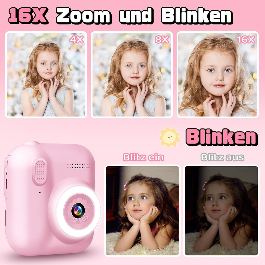 Kinderkamera Sofortbildkamera, 1080P Sofortbildkamera Kinder mit 32GB Karte & 3 Rollen Druckpapier,