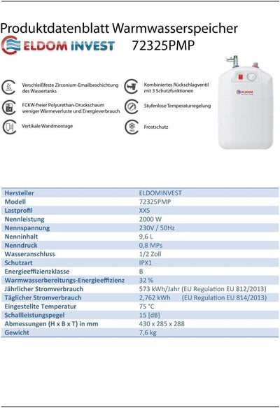 Eldom Warmwasserspeicher/Boiler 10L Untertisch druckfest, Weiss Single, Single