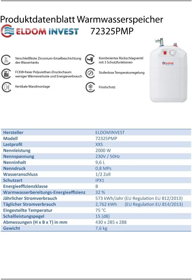 Eldom Warmwasserspeicher/Boiler 10L Untertisch druckfest, Weiss Single, Single