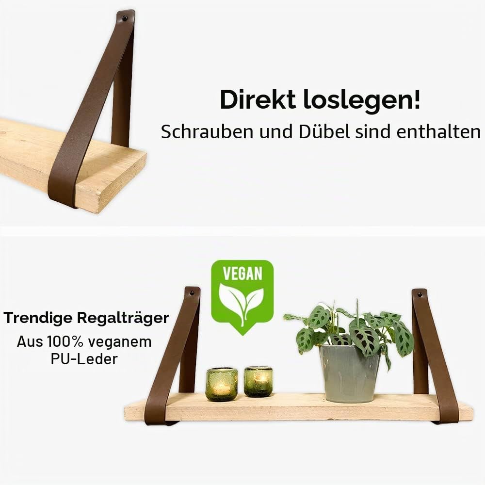 Brute Strength - Regalträger aus PU-Leder - Braun - 6 Stück - Regalträger - Wandhalter - Regalbänder