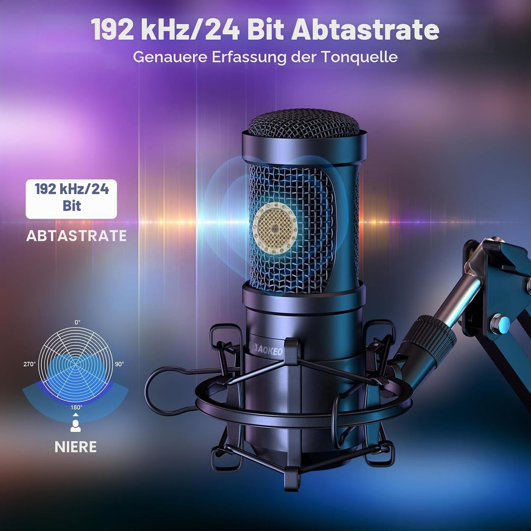 aokeo USB Mikrofon, 192kHZ / 24bit Podcast-Mikrofonsets mit Mikrofonständer, Stossdämpferhalter, Win