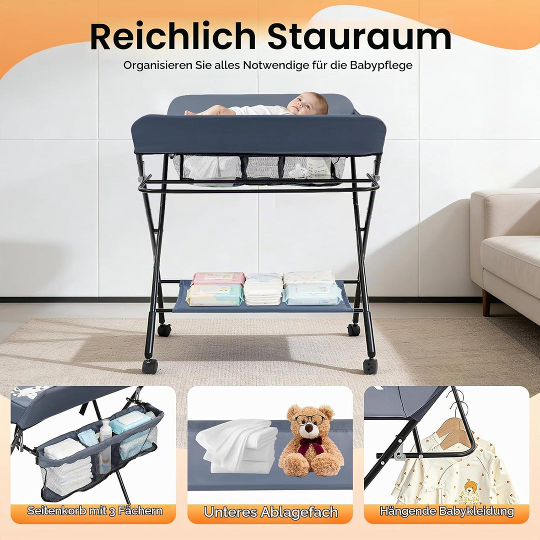 klappbare Wickelkommode Wickeltisch, Baby Wickelkombi, mit Wickelauflage Sicherheitsgurt und Ablagef