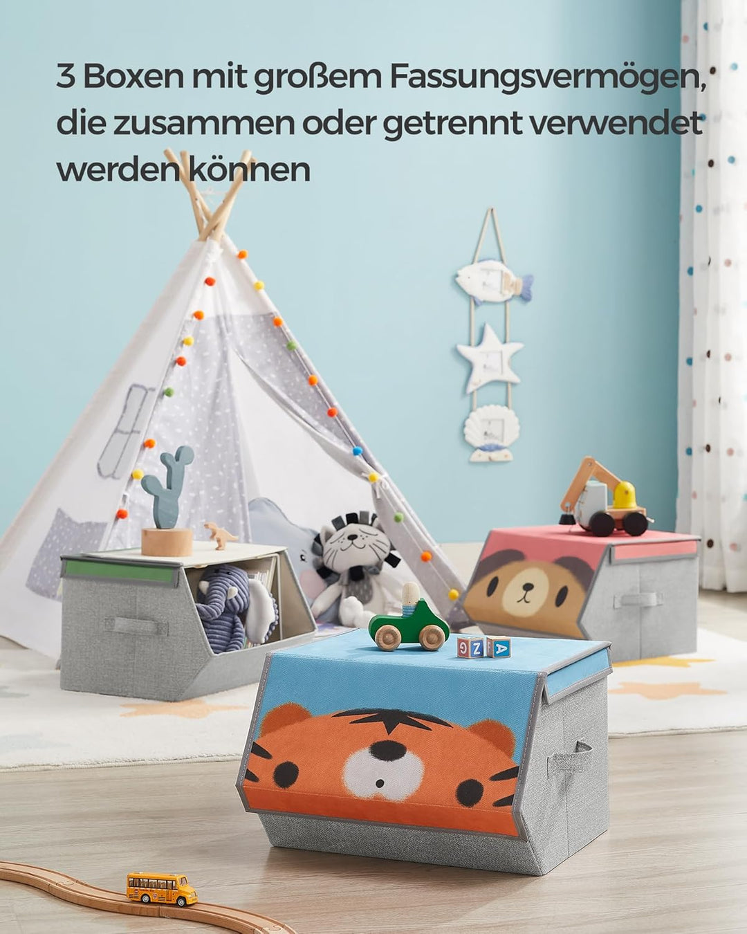 SONGMICS Aufbewahrungsboxen, 3er Set, Faltboxen, Stoffboxen mit Griffen, Organizer, magnetischer Dec
