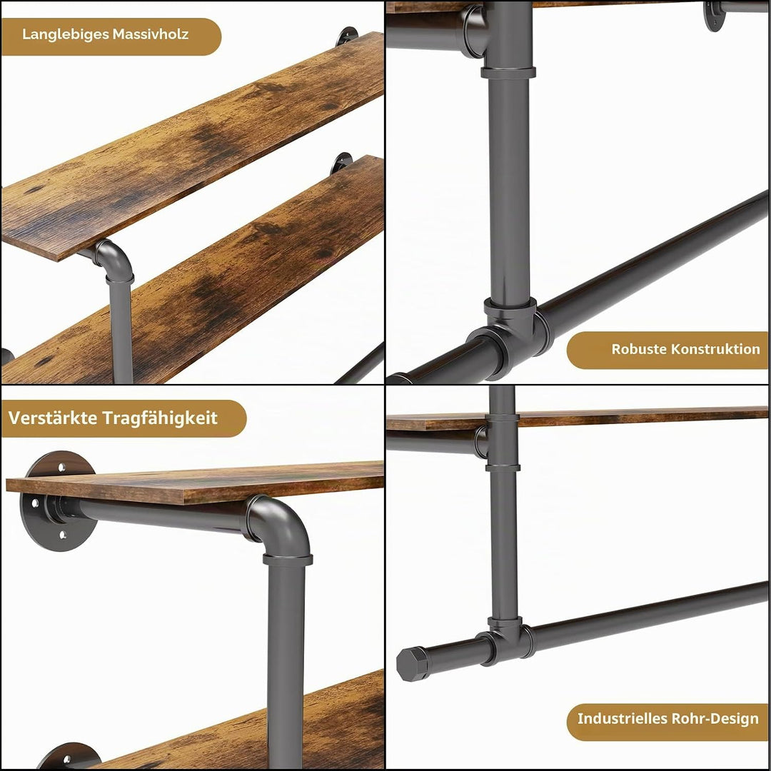 unho Kleiderstange zur Wandmontage, Wandgarderobe mit 2 Ablage im Industrierohrstil, Wandgarderoben