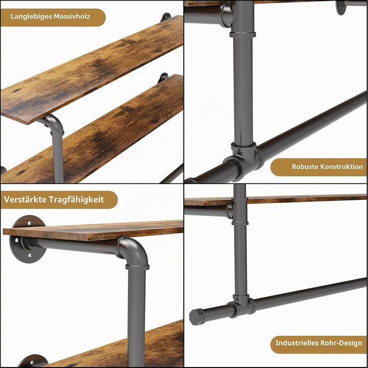 unho Kleiderstange zur Wandmontage, Wandgarderobe mit 2 Ablage im Industrierohrstil, Wandgarderoben