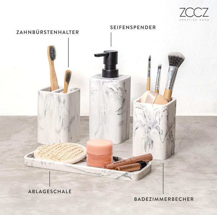 ZCCZ Badezimmer Set 4 Teile – Organizer mit Zahnbürstenhalter, Zahnputzbecher, Seifenspender, Seifen