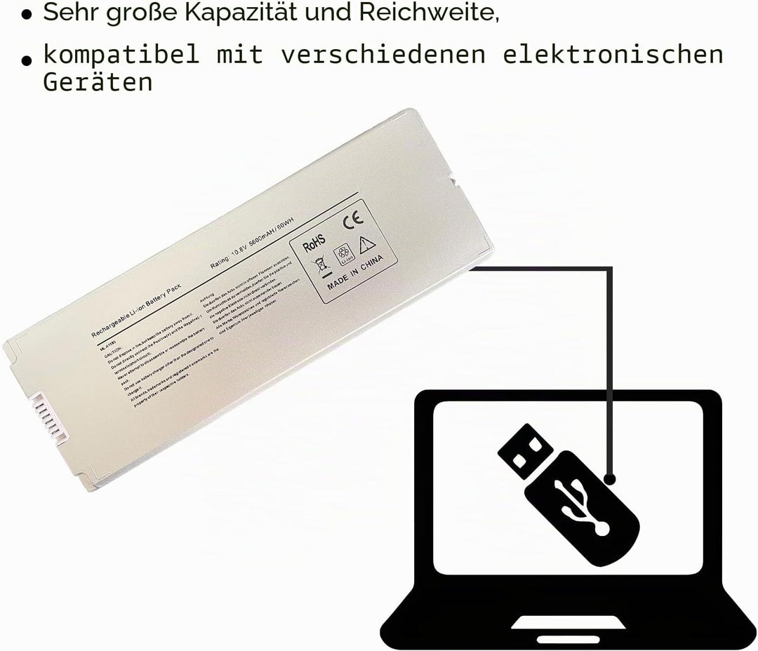 A1181 Laptop Batterie Ersatz für Apple 13" MacBook A1185 (Mid/Late 2006, Mid/Late 2007, Early/Late 2