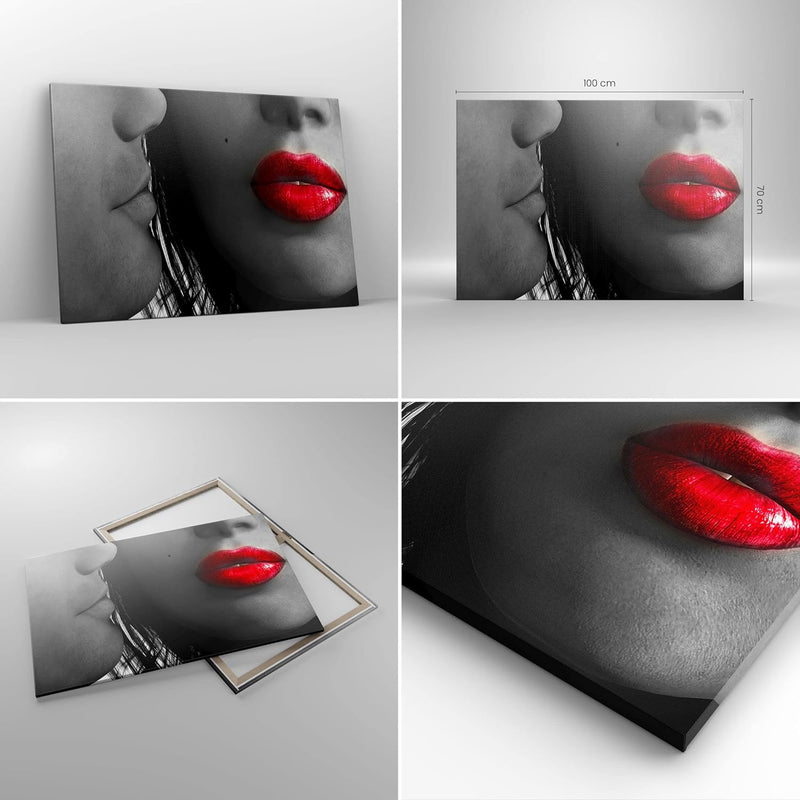 Bilder auf Leinwand 100x70cm Leinwandbild Rote Lippen dunkles Haar Modell Liebe Gross Wanddeko Bild