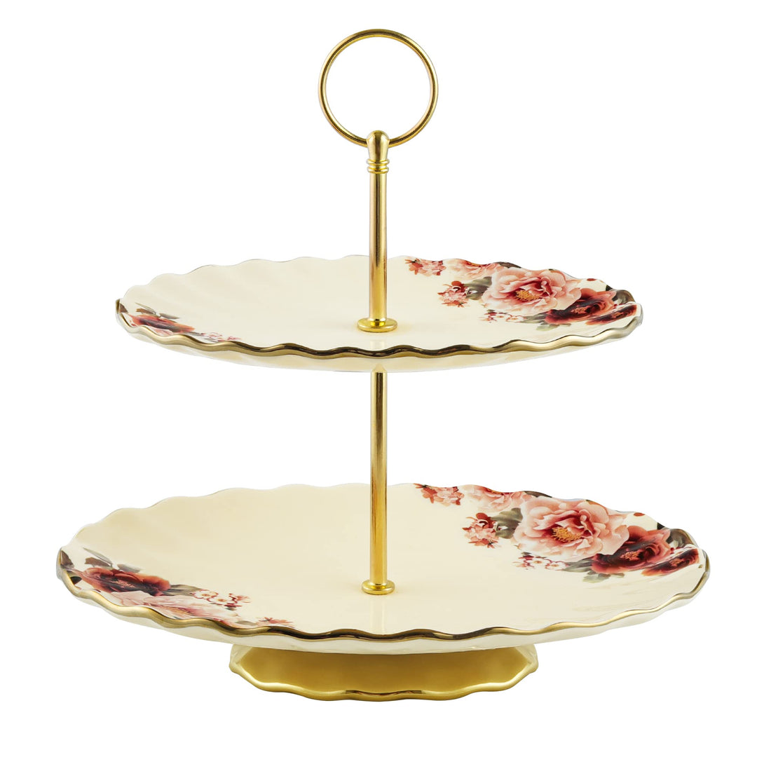 fanquare 2 Stöckig Gold Etagère aus Keramik, Porzellan Tortenständer, Obst und Cupcake Ständer, Serv