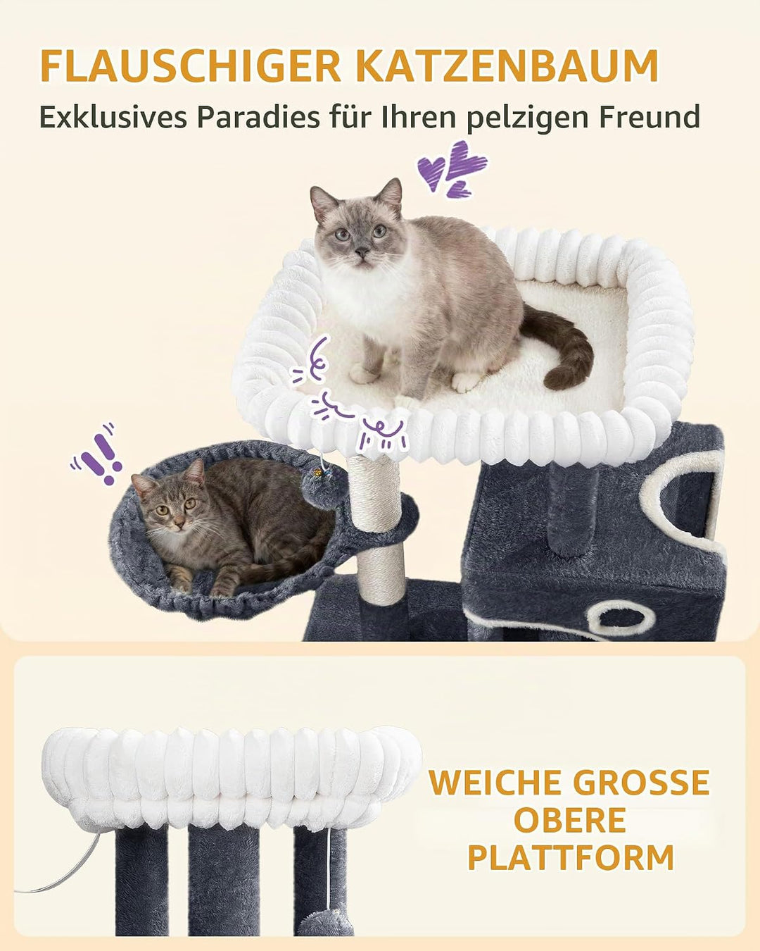 Hzuaneri Kratzbaum, 113 cm Kleiner Katzenbaum, Geräumiges und Stabile, mit Weiche Grosse Plattform,