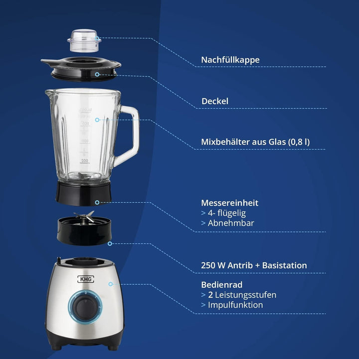 KHG Mini Standmixer 250 Watt mit 0,8 Liter Glasbehälter, Edelstahl | 4-fache 3D Edelstahlklingen, 2