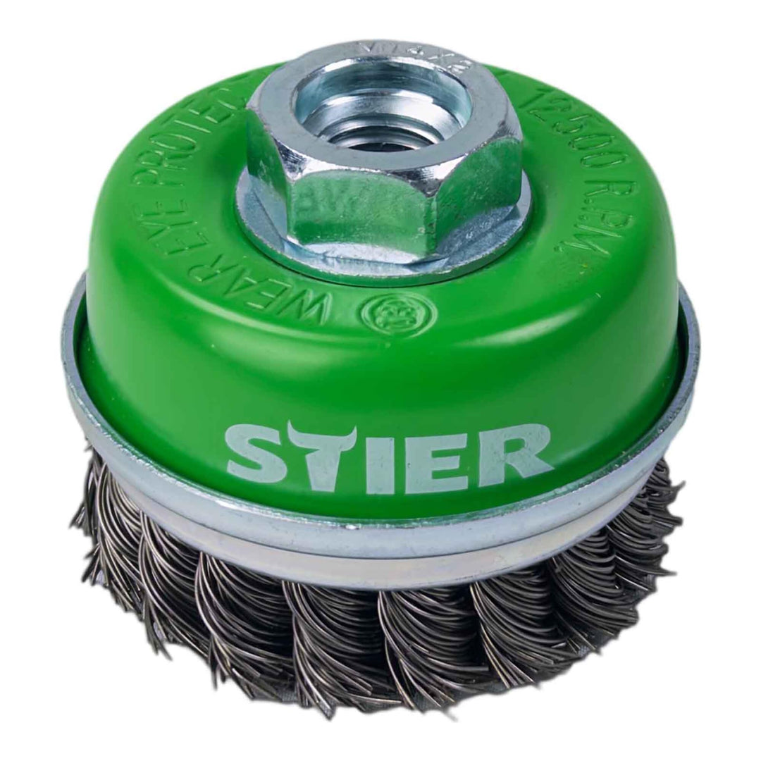 STIER Topfbürste Edelstahl, gezopfter Draht, für Winkelschleifer, Ø 65 mm, M14, Drahtstärke 0,5 mm,