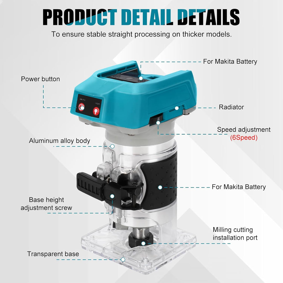 Akku Oberfräse für Makita 18V Akku, 1300W Oberfräse Trimmer Einhandfräse, Bürstenloser Motor, Elektr