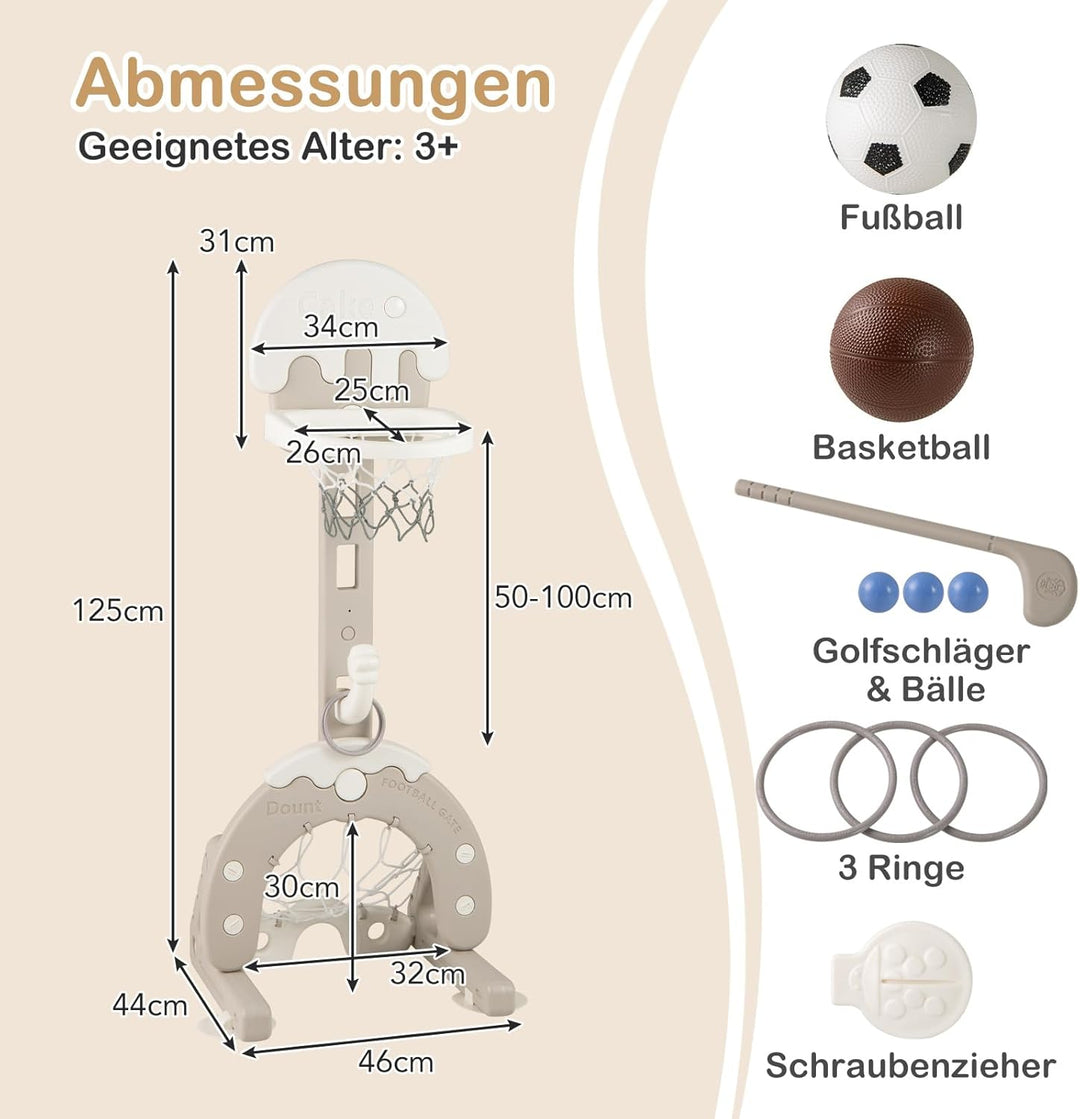 COSTWAY 4-in-1 Kinder Basketballkorb Set, höhenverstellbarer Basketballständer mit Fussballtor & Bas