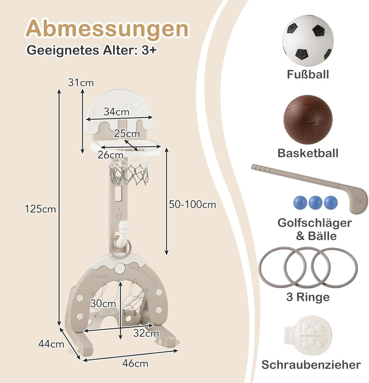 COSTWAY 4-in-1 Kinder Basketballkorb Set, höhenverstellbarer Basketballständer mit Fussballtor & Bas