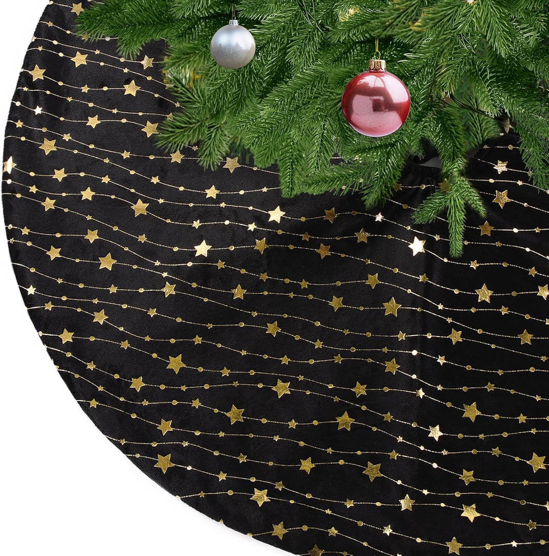 KONVINIT Weihnachtsbaumdecke Rund Schwarz Plüsch Christmasbaumdecke mit Sternen Weihnachtsbaum Rock