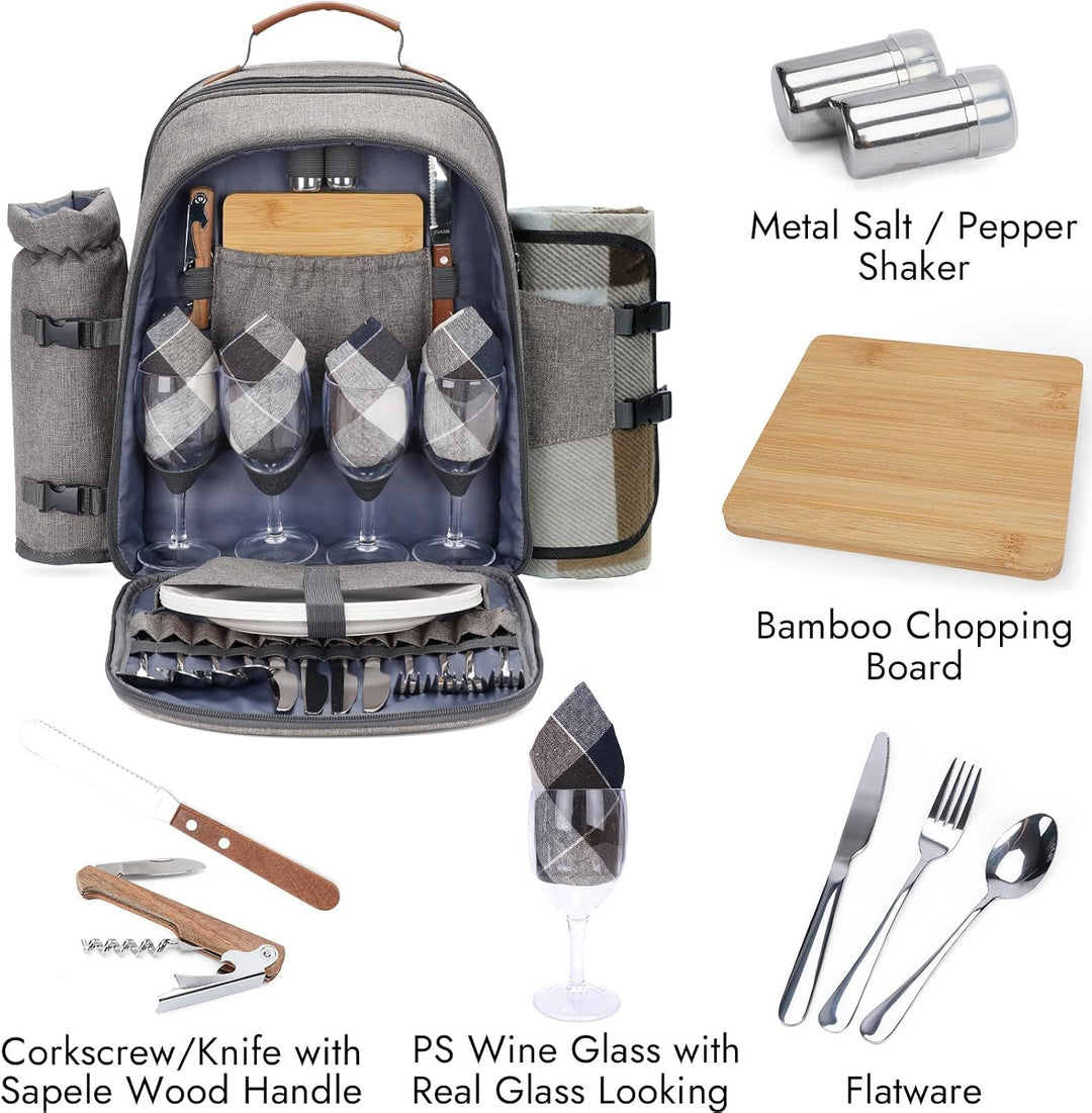 HappyPicnic Isolierter Picknickrucksack für 4 Personen mit komplettem Geschirr, geräumigem Kühlfach,