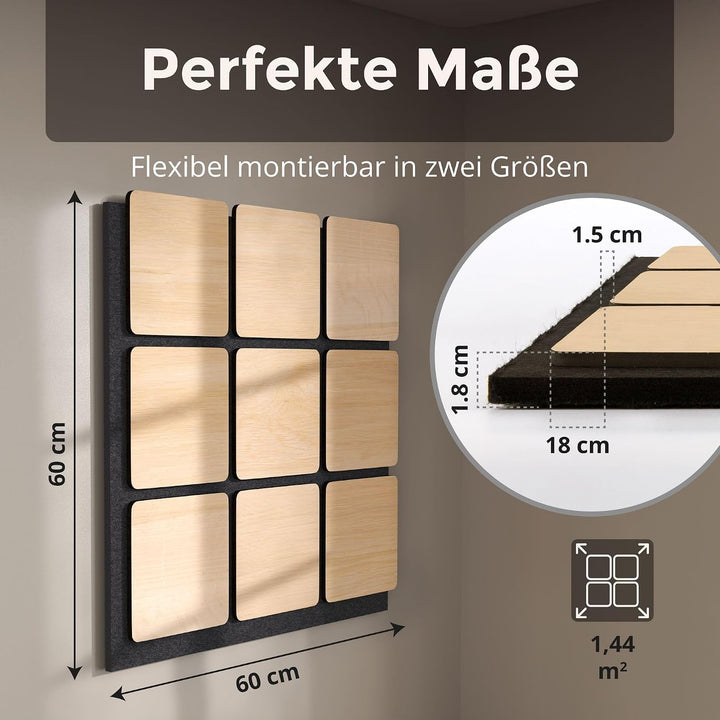 4x Akustikpaneele Holz 60x60cm mit 3D-Quadrat-Muster Eiche hell | Wandpaneele Holz für Schallschutz