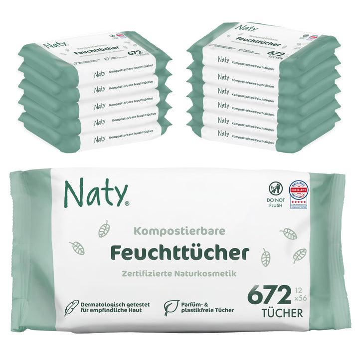 Naty Baby Feuchttücher | 100% pflanzenbasiert &amp; unparfümiert für empfindliche Haut | Plastikfreie &amp;