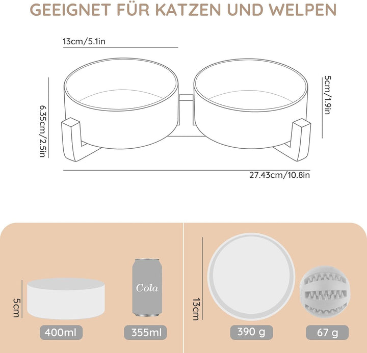 SPUNKYJUNKY Hundenapf Keramik Doppel Hund Futternapf mit Bambus Ständer für Katzen und Hunde (400ml,