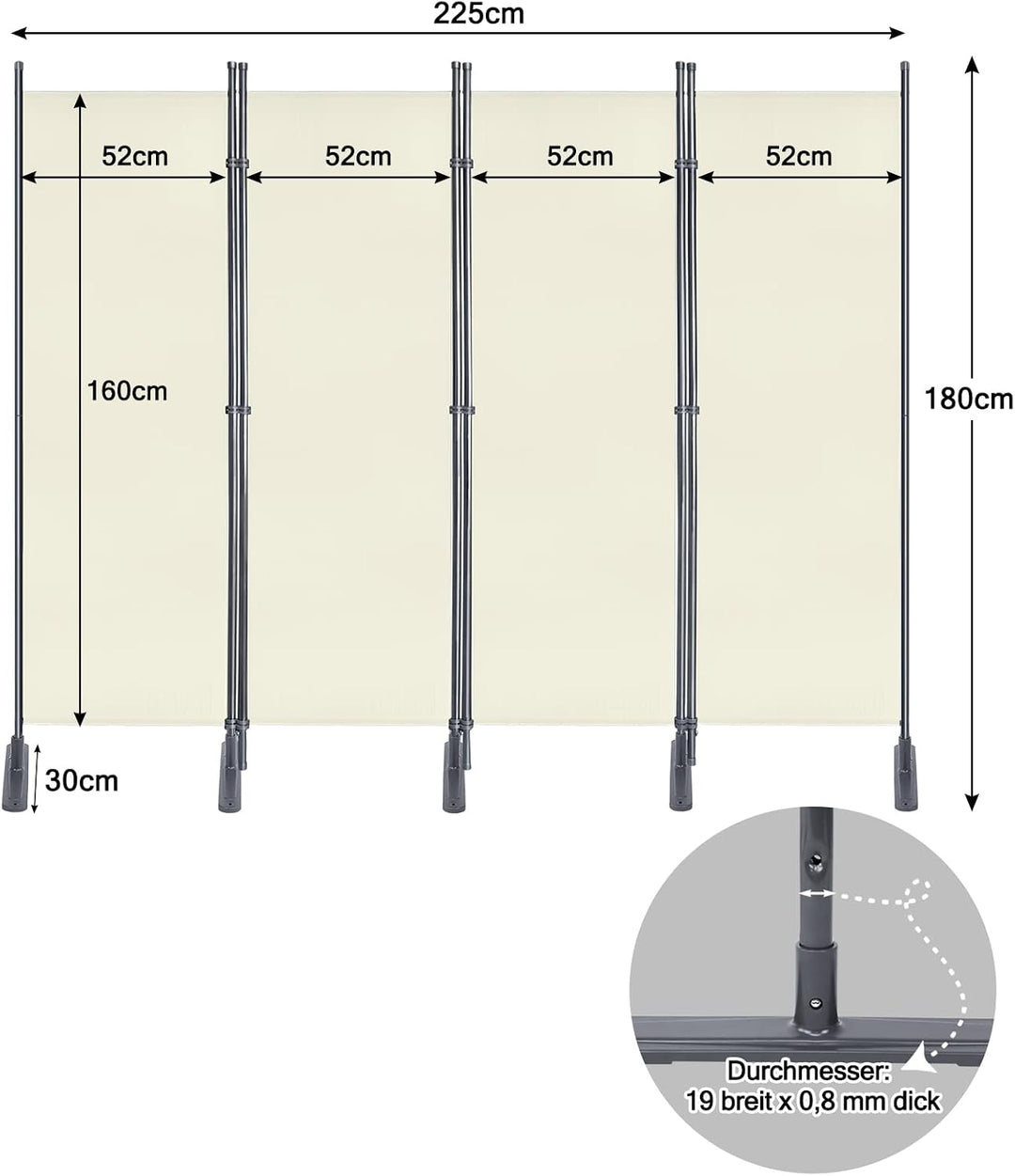 JOIEYOU Paravent Outdoor Sichtschutz Trennwand 4 Teilig 225x180cm Raumtrenner mit Flache Füsse Anti-