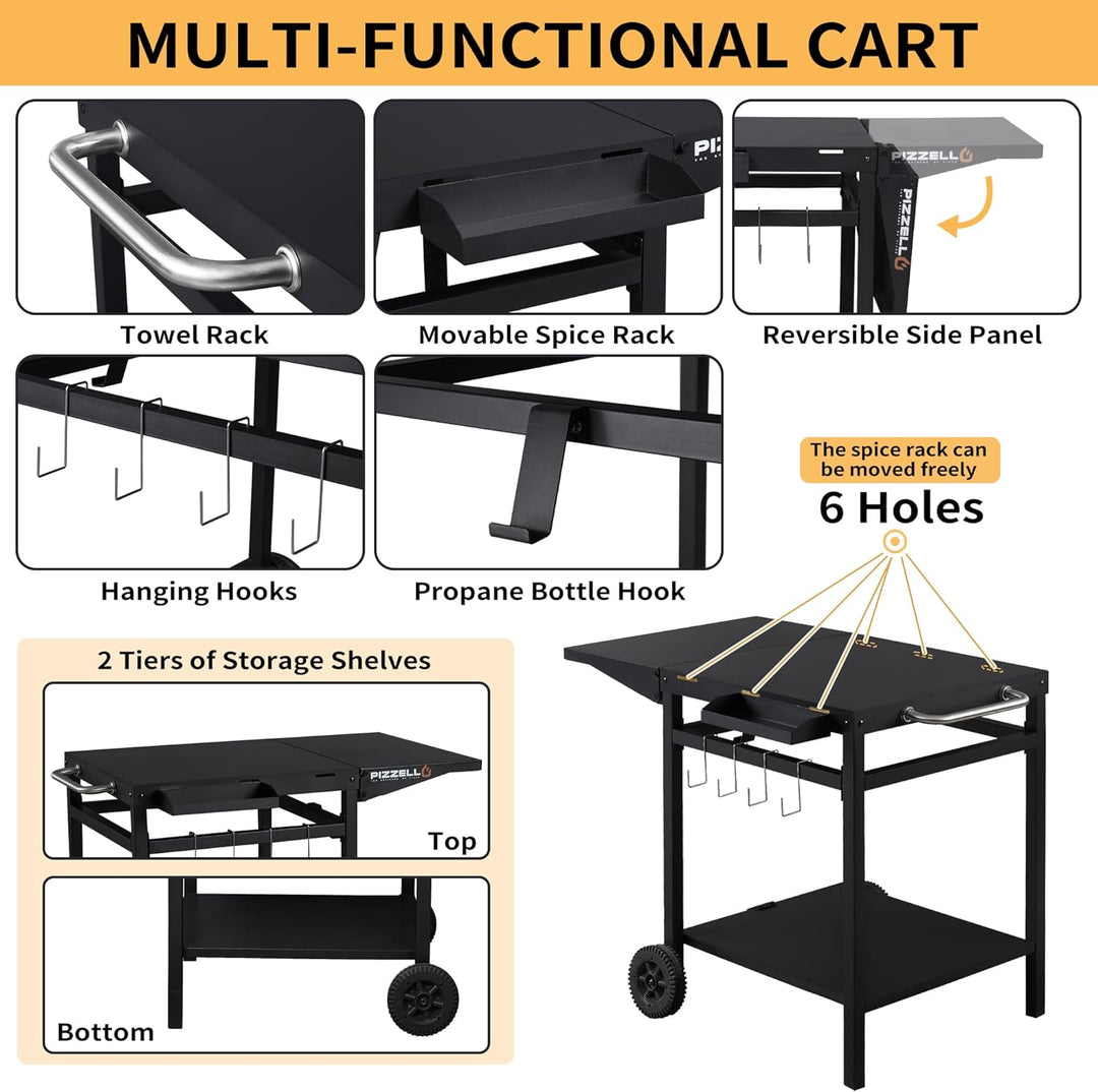 PIZZELLO Outdoor Grill Esswagen Beweglicher Pizzaofen Trolley BBQ Ständer Doppelregal Outdoor Workta