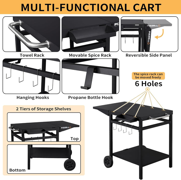 PIZZELLO Outdoor Grill Esswagen Beweglicher Pizzaofen Trolley BBQ Ständer Doppelregal Outdoor Workta