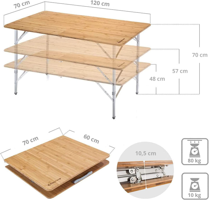 KingCamp Bambus Falt Tisch Camping Klapptisch Garten Alu Holz 3 Höhen Verstellbar